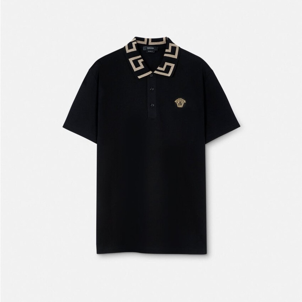 Versace Black and Tan Polo Shirt with Ornate Collar